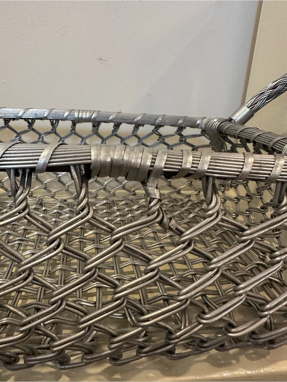 Vintage Hand Woven Mixed Metal Basket, Braided Wire Handles, Artisan Metalwork B